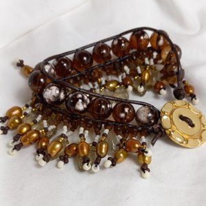 Woven Bracelet w/Cultured Pearls on Fringe, Brown Spray Glass, Vintage Button